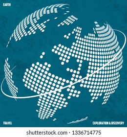 Travel, exploration and discovery Earth. Stylized continents on the background of the globe. All elements located on separate layers. Cracks and abrasions can be disabled.
