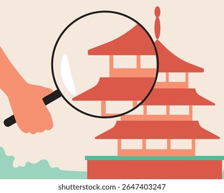 Exploração de viagens durante a viagem à Ásia, ilustração de stock de vetor plano com exploração de atrações locais em ambas as cidades
