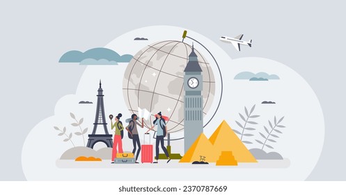 Travel and exploration tourists visit Europe countries tiny person concept. Trip to international destinations to enjoy different cultures and popular places vector illustration. Worldwide discovery.