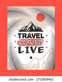 Viajes explorar en vivo, logotipo de las montañas ilustración vectorial. Volante natural vertical con hojas de palma, sol brillante. Empresa de marca para la organización de viajes, expediciones profesionales imprimibles.