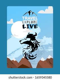 Travel, explore, live motivational quote vector illustration with black wolf silhouette in helmet as a motorcycle biker in the mountains and full moon. Road trip, vacation and adventure concept.