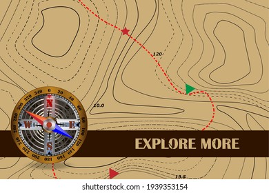 Travel. Explore more and azimuth compass and map. The background of the route on the contour map. Tourism and travel symbol.
