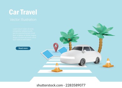 Travel and explore world by car. Car on road at pedestrian crossing with pin point map destination. 3D vector.