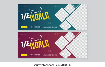 Travel facebook cover template design with abstract shapes, two colors set bundle with place for photos, tour tourism agency marketing promotion social media web banner layout design