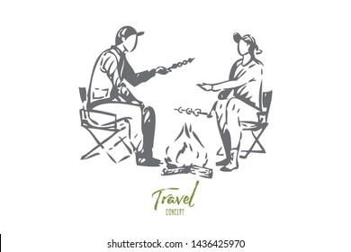 Travel With Family Concept Sketch. Roasting Marshmallows. Sitting Around Campfire With Significant Other. Coming To Nature To Relax. Summertime Couple Camping Trip. Isolated Vector Illustration