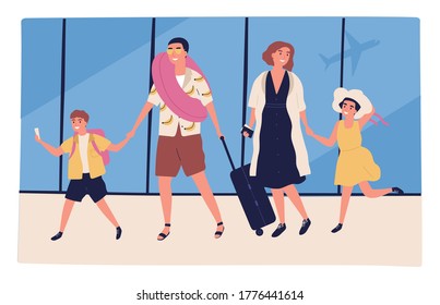 Travel family going to summer vacation together vector flat illustration. Parents and kids carry baggage or luggage at airport. People with boarding pass following to departure flight at terminal