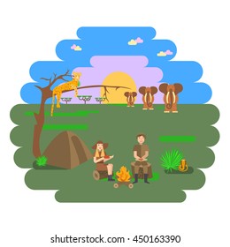 Travel family on African safari concept with peopl, animals in modern flat design Concept people have a diner near campfire at sunset Illustration isolated on white background Ecotourism Vector eps10 