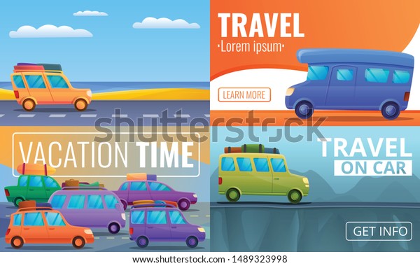 Travel family on car\
banner set. Cartoon illustration of travel family on car vector\
banner set for web\
design