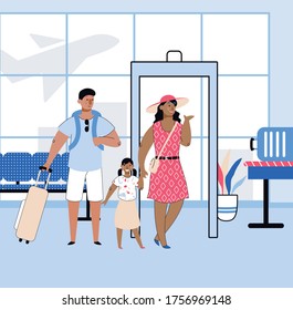 Travel with family with people cartoon characters waiting to board plane in airport, sketch vector illustration. Joint vacation and tour for parents and children.