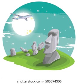 Reisen und berühmte Sehenswürdigkeiten und schön mit dem Flugzeug. Moai Stein Statue Kopf auf Osterinsel auf Symbol Republik Chile, Moai Statue flach Design Wahrzeichen Vektorgrafik.