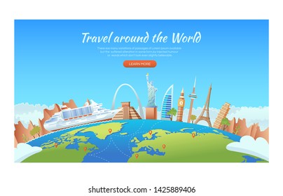 Travel with famous world landmarks. Cruise ship around the world. Travel and Tourism concept. Vector banner illustration.