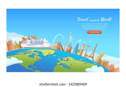 Travel with famous world landmarks. Cruise ship around the world. Travel and Tourism concept. Vector banner illustration.