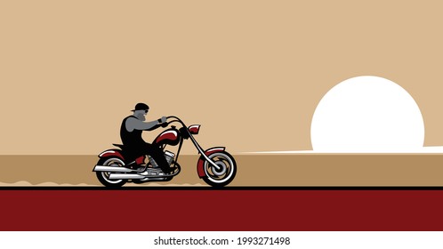 Travel to faraway. Freedom rider. A lone biker moves through the desert. Vector image for prints, poster and illustrations.