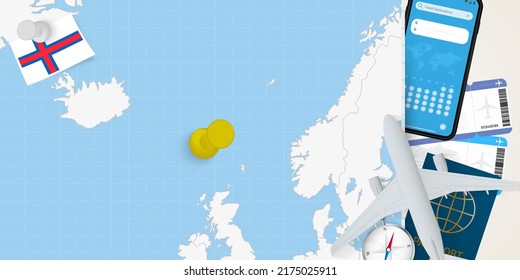 Travel to Faroe Islands concept, map with pin on map of Faroe Islands. Vacation preparation map, flag, passport and tickets. Vector illustration in flat design.
