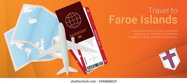 Travel to Faroe Islands pop-under banner. Trip banner with passport, tickets, airplane, boarding pass, map and flag of Faroe Islands. Vector template.