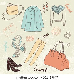 Travel Fashion. Fashion background with a summer dress, shoes, bag and accessories