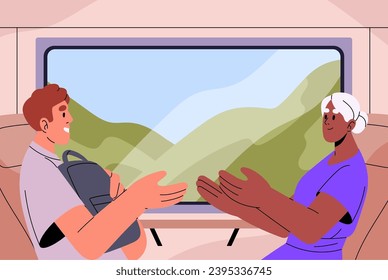 Travel fellows meeting in railway journey. People sitting in railroad carriage with landscape behind window. Passenger talks, communicate with companion in holiday trip. Flat vector illustration