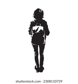 Travel, female traveler with backpack, isolated vector silhouette, rear view. Young woman standing