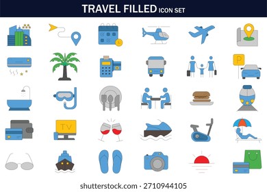 Conjunto de iconos llenos de viajes con transporte, alojamiento, comedor, actividades, navegación, vacaciones y símbolos de ocio. Perfecto para proyectos de turismo, planificación de vacaciones y diseño de viajes.