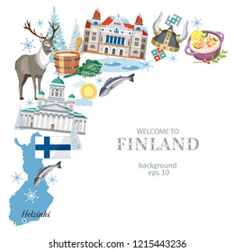 Travel Finland background with traditional symbols of the country, great sights and national features