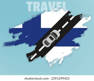 Travel to Finland by car, going holiday idea, vacation and travel banner concept, car on the road with Finland flag, international car travel, automobile going on a way, top view