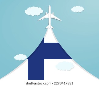 Travel to Finland by flight, destination concept, vacation in Finland, plane vector design, paper cut effect with blue sky and airplane, summer trip idea, country tourism banner