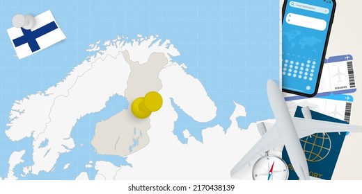 Travel to Finland concept, map with pin on map of Finland. Vacation preparation map, flag, passport and tickets. Vector illustration in flat design.