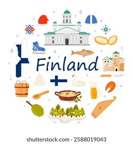 Travel to Finland, culture elements and snow of Lapland, landmarks of Helsinki and food in round infographic banner. Finnish National Theater and kantele, wooden bucket cartoon vector illustration