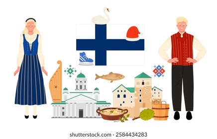 Travel to Finland, Finnish national culture elements and food, landmark in infographic collage. Finn man and woman in traditional dress and folklore pattern, flag, theater cartoon vector illustration