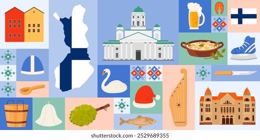 Viaje a Finlandia con diseño de Anuncio geométrico con Elementos finlandeses de cultura, Lugares famosos y comida. Mapa con la bandera del país, la cerveza y el salmón, el teatro y los edificios de la catedral Ilustración vectorial de dibujos animados