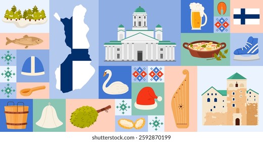 Travel to Finland geometric banner design with Finnish elements of culture, landmarks and food. Map with country flag, beer and salmon, theatre and cathedral buildings cartoon vector illustration