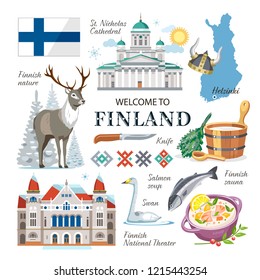 travel Finland national traditional vector symbols collection clipart with architecture sights, nature, animals, sauna accessorises, government symbols