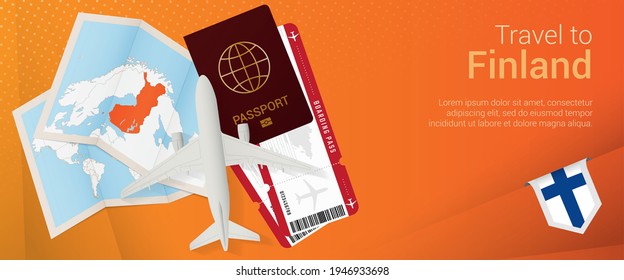 Travel to Finland pop-under banner. Trip banner with passport, tickets, airplane, boarding pass, map and flag of Finland. Vector template.