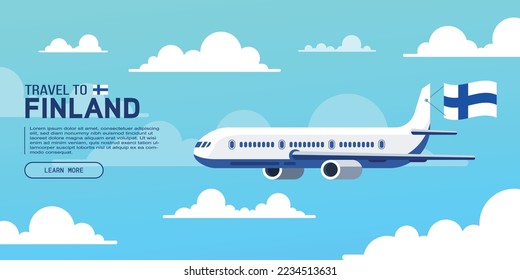 Travel to Finland poster with flying plane and national flag. Banner for travel agency. Vector illustration.