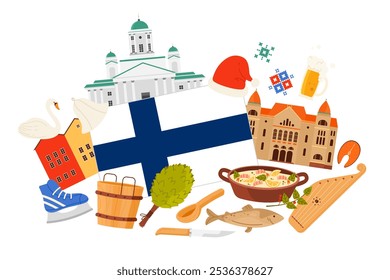 Reise nach Finnland Set, Elemente der Kultur und traditionellen Ornament, Essen und Sehenswürdigkeiten in Infografik Collage Banner. Finnische Flagge und Gebäude, Lachs und Schwan, Spa-Saunagegenstände, Vektorgrafik