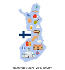 Viaje para a Finlândia set, cultura finlandesa e pontos de referência, comida e kit de sauna tradicional no mapa infográfico do país. Bandeira e edifícios antigos, salmão e caneca de cerveja, cisne e chapéu ilustração de vetor de desenhos animados