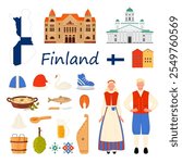 Travel to Finland set. People in traditional dress and map with country flag pattern, Finnish National Theater and Helsinki Cathedral, winter hat and skates, kantele cartoon vector illustration