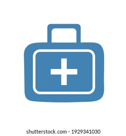 
Travel first aid kit, blue medical bag with white cross and set of medicines, vector objects in flat style.
