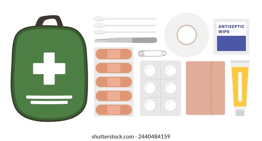 Travel first aid kit flat vector illustration set. Small pouch with various medical items including bandages, ointment and medication. 