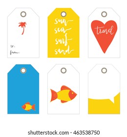 Travel, fish. Set of 6  creative tags  templates with marine theme design.  Red, blue and yellow Collection tags, cute tags, Set tags, printable tags, hand drawn tags