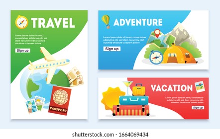 Travel flat banners set with airplane passport globe tourist tent compass map suitcase isolated vector illustration  