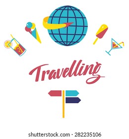 Travel flat calligraphy background. Flat design style modern vector illustration icons set of traveling, planning a summer vacation, cocktail bar.