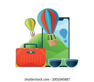 Travel flat composition with colorful hot air balloons sunglasses bag vector illustration