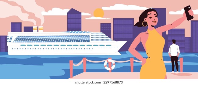 Travel flat composition with girl making selfie with cruise ship on background vector illustration