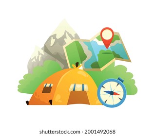 Travel flat composition with tent compass map on background with mountains vector illustration