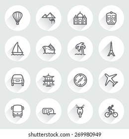 Travel flat contour icons on gray background.