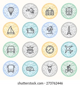 Travel flat contour icons on color buttons.