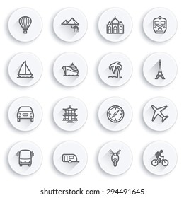 Travel flat contour icons on white buttons.