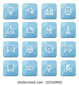 Travel flat contour icons on blue buttons.