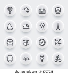 Travel flat contour icons on white buttons.